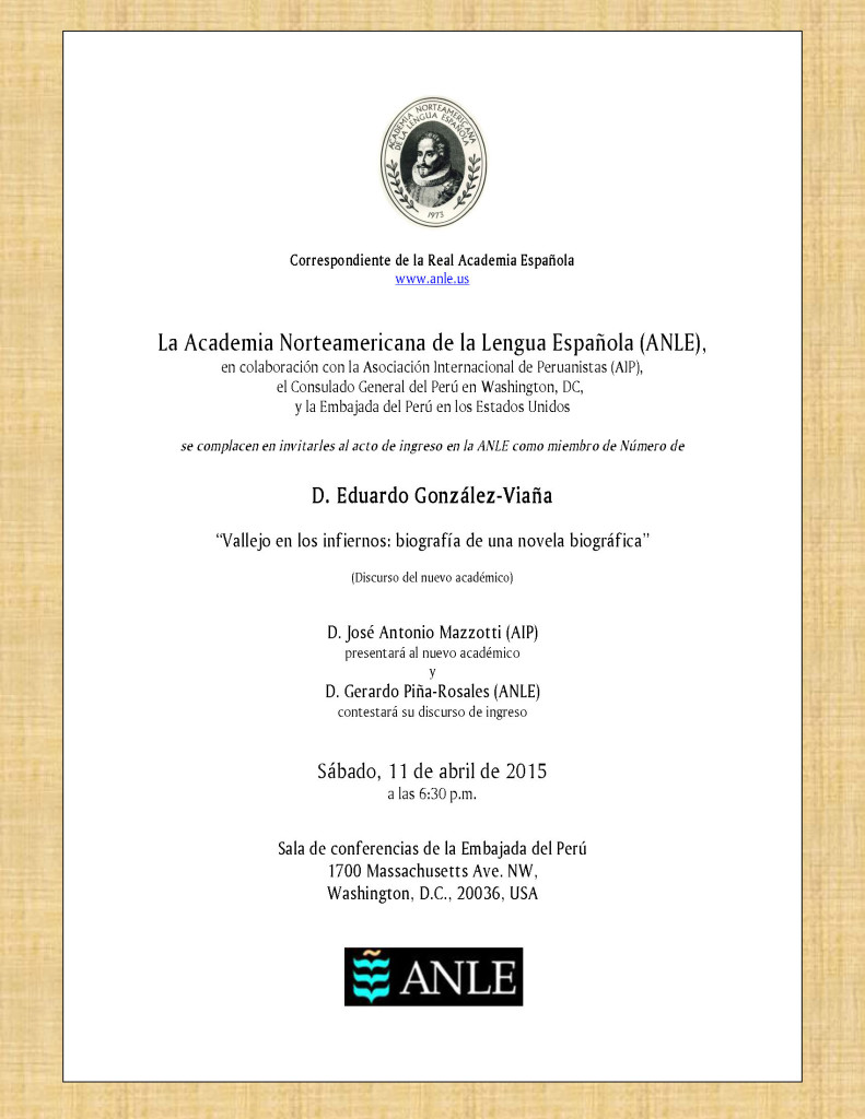 Invitación a la ceremonia del ingreso en la ANLE de Eduardo González Viaña